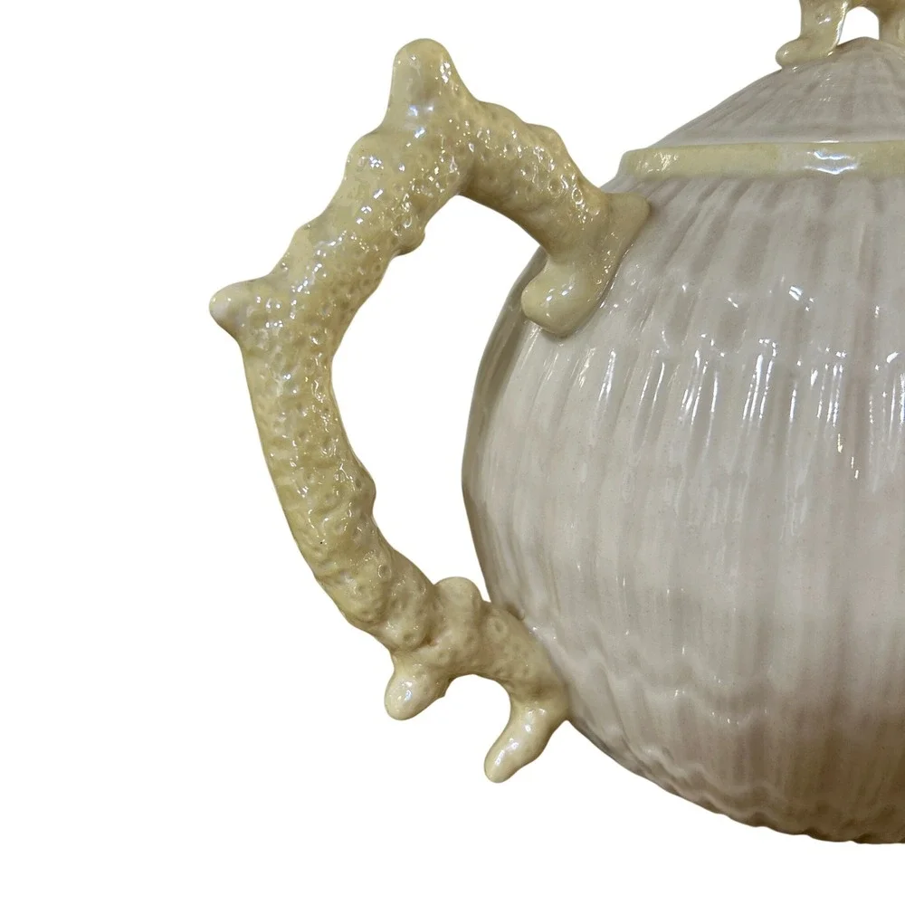 Vintage Belleek Limpet Teapot Irish Parian China Shell Coral Handle Yellow Luste